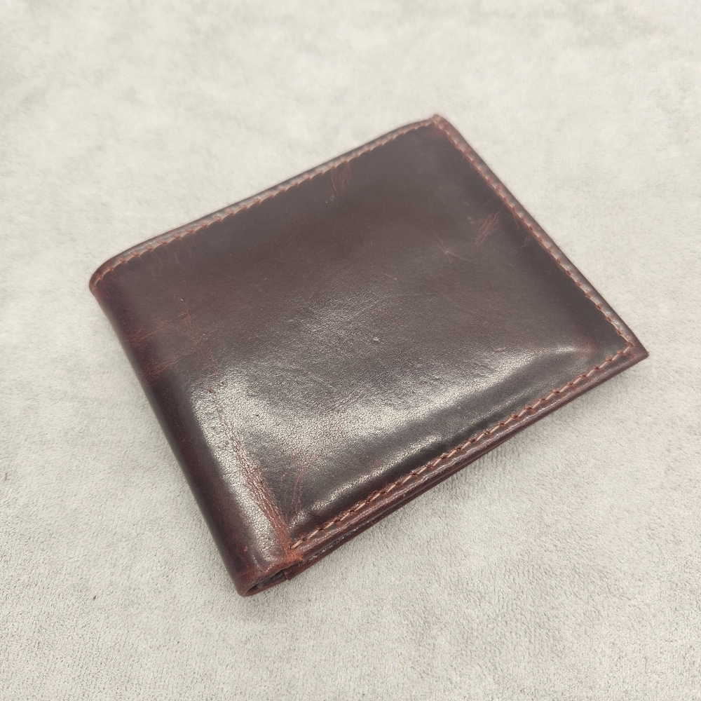 Hand Crafted Wallet Men's Dark Brown 100% Glossy Leather Trifold Cards Money